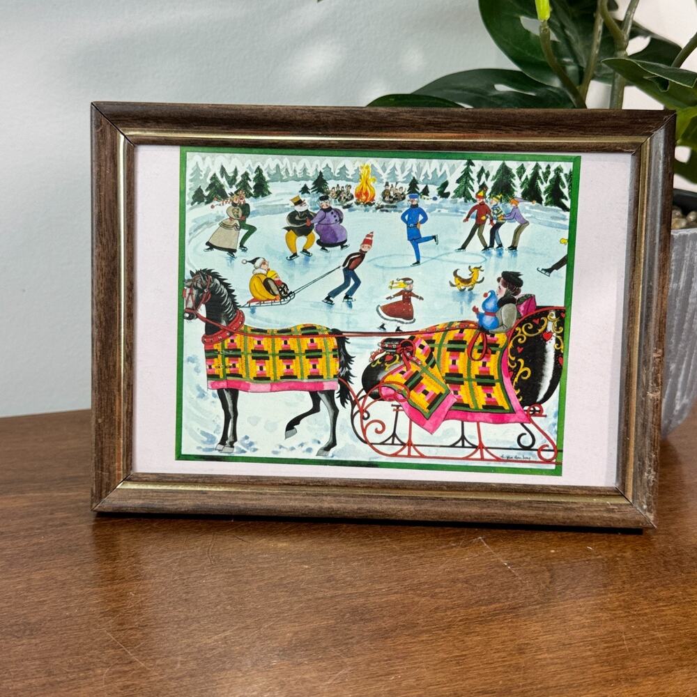 Vintage Winter Ice Skating Sleigh Ride Art Print Framed